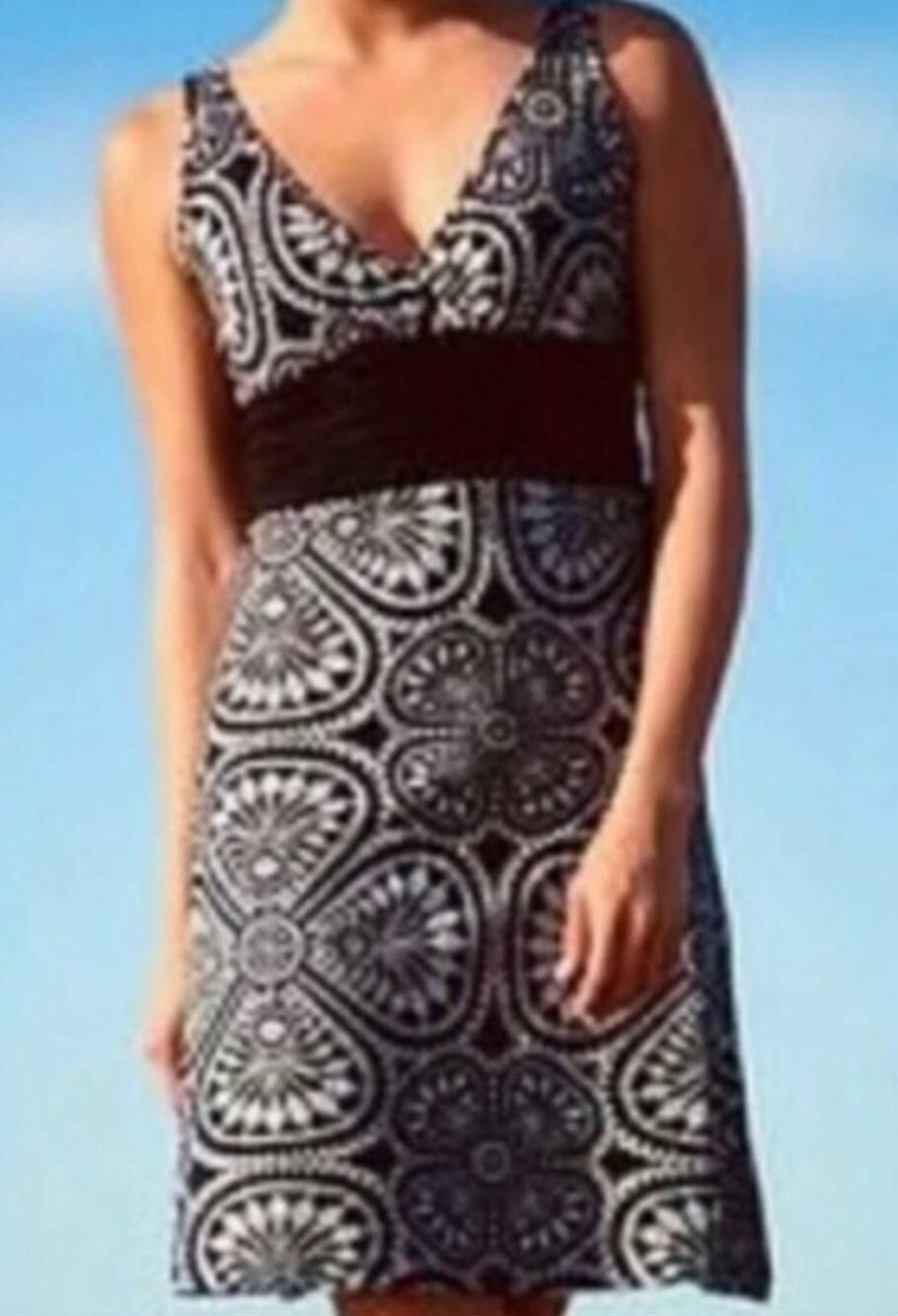Patagonia Margot Sleeveless Organic Cotton A Line Knit Black White Print Dress M
